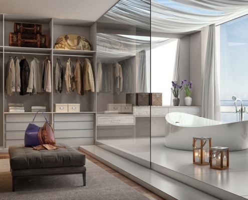 Suíte Master 16 – Luxo, requinte e sofisticação é a palavra de ordem nesta suíte. A banheira minimalista é separada do closet por um vidro.